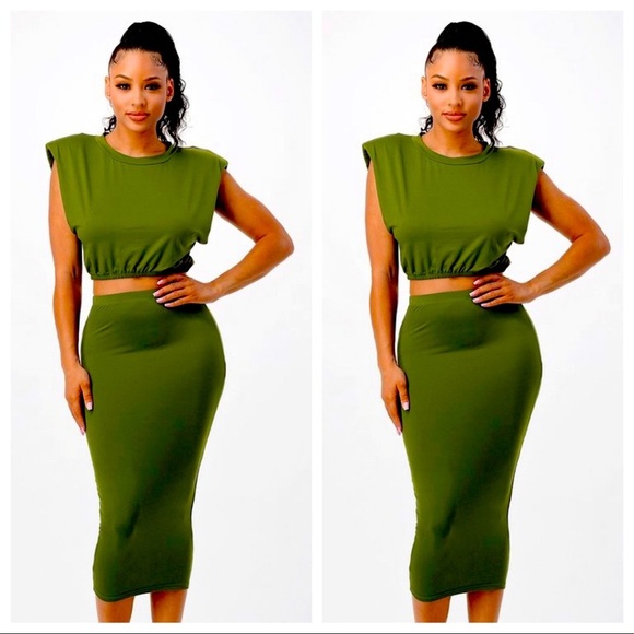 NEW WOMEN’S TRENDY OLIVE 2 PIECE CROP TOP SHOULDER PAD SHIRT MIDI CALF SKIRT SET - Picture 1 of 15